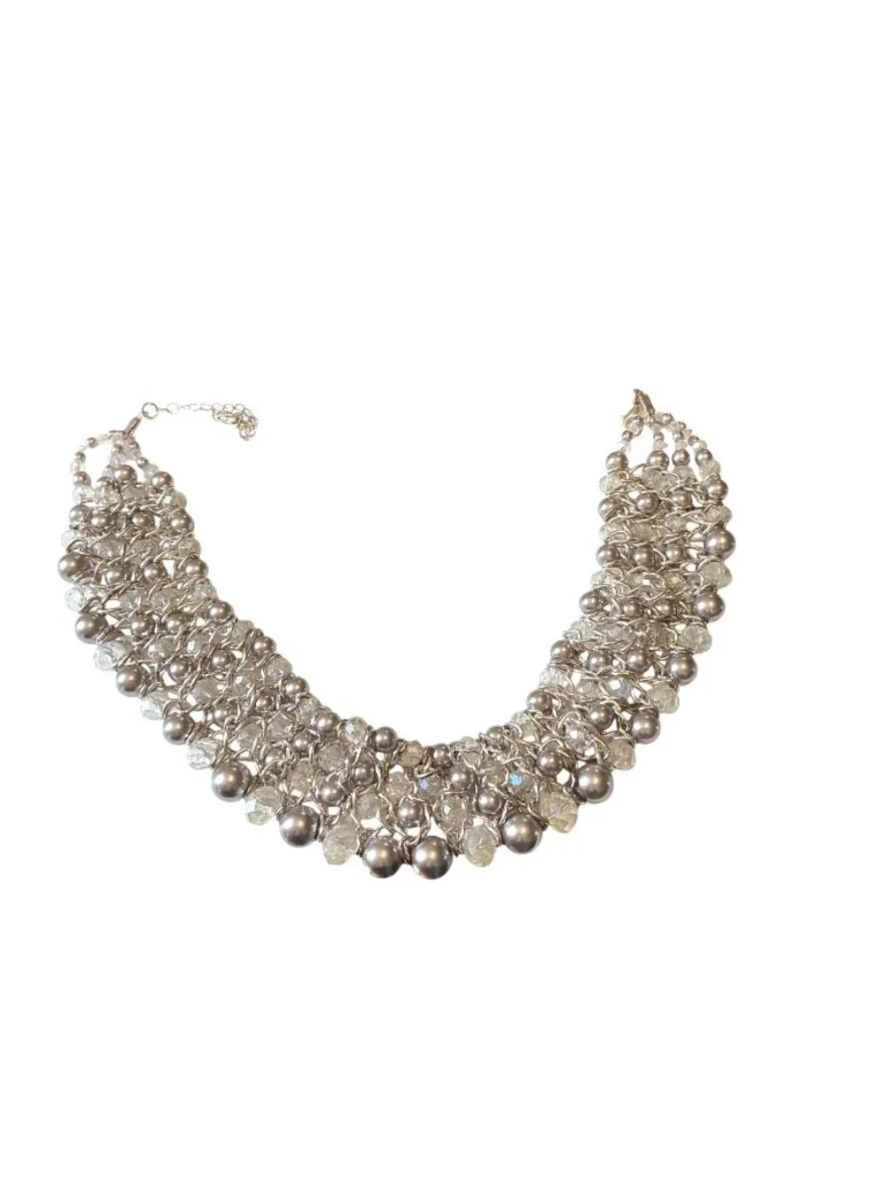 Chain Mail Bib Collar Necklace With Beads Silver-Tone Statement Jewelry